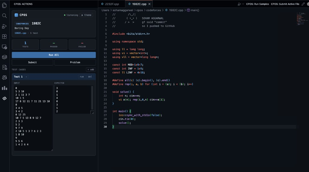 CPOS VS Code extension panel with test cases, Run All, and Submit beside a Codeforces solution