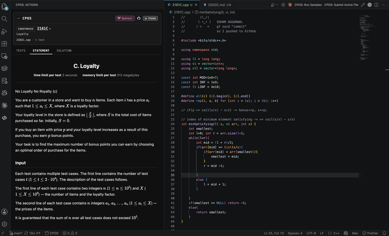CPOS VS Code extension rendering a Codeforces problem statement in a native Statement tab next to the editor