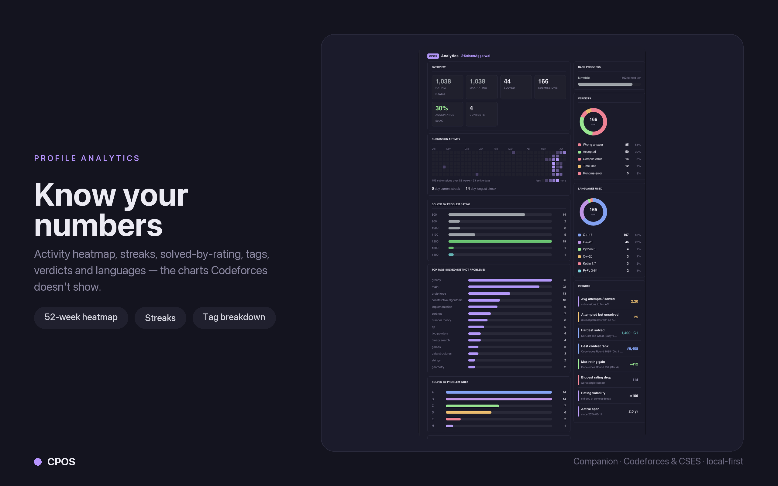 Profile analytics — heatmap, streaks, solved-by-rating, tags and verdicts