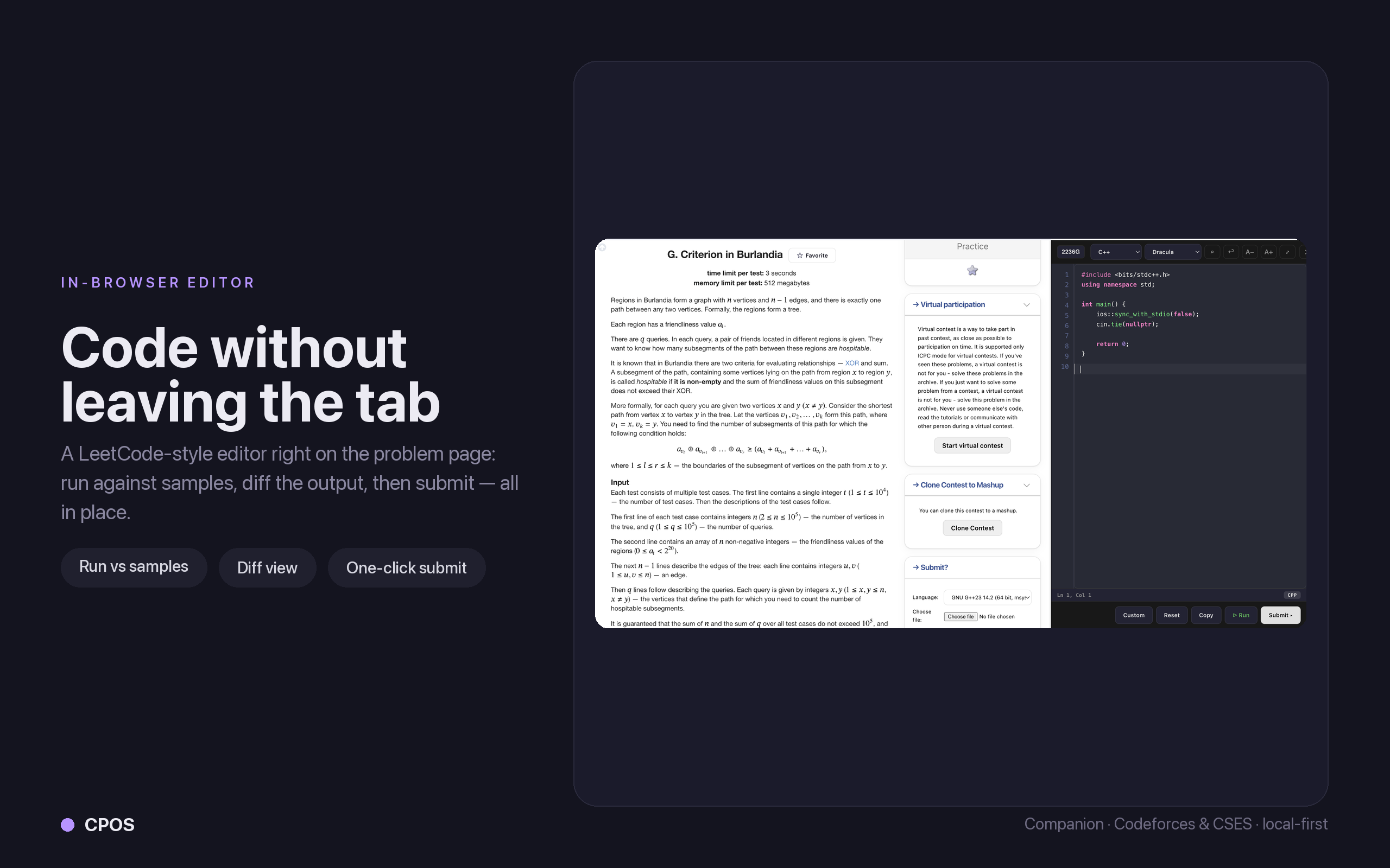 In-browser editor — run against samples and submit in place