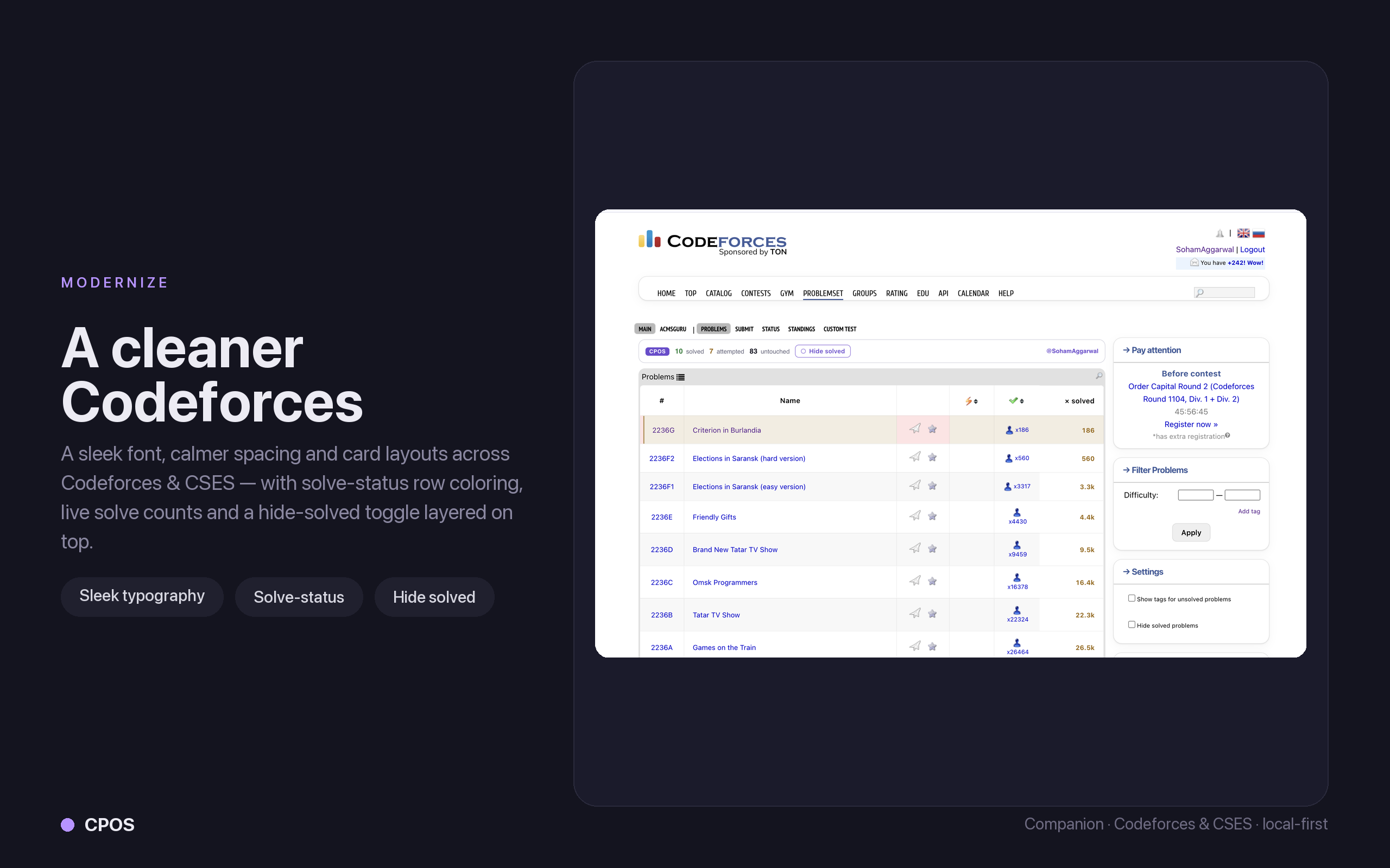 Modernize — a cleaner Codeforces with solve-status row coloring